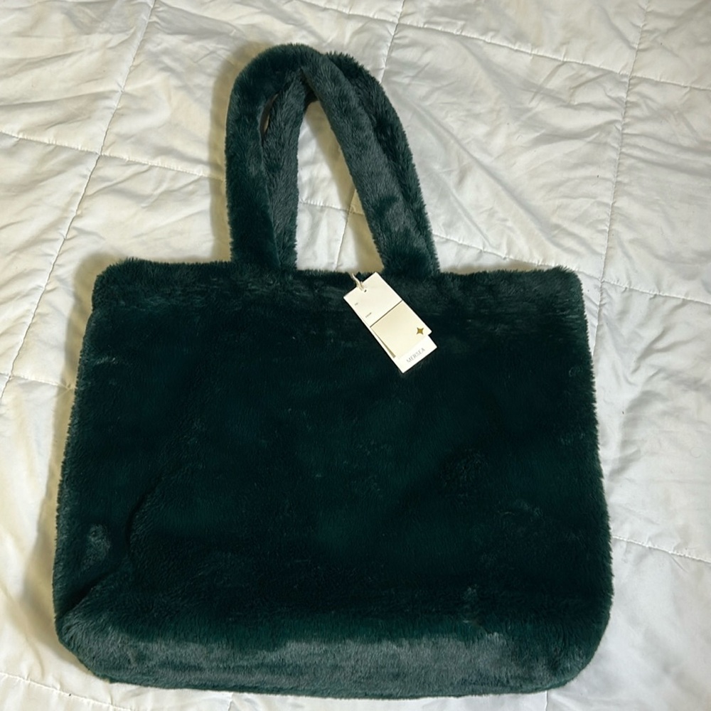 Mersea fuzzy tote bag. Pine green. NWT.